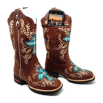 BOTA TEXANA EM COURO MARROM BORDADO CRUZ AZUL + SUPORTE PARA CELULAR