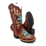 BOTA TEXANA EM COURO MARROM BORDADO CRUZ AZUL + SUPORTE PARA CELULAR