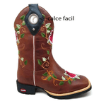 BOTA TEXANA EM COURO MARROM BORDADO DE ROSAS + PUXADOR DE METAL