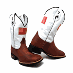 BOTA TEXANA EM COURO MARROM E BRANCO BORDADO BANDEIRA 