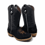 BOTA TEXANA EM COURO PRETO BORDADO FLORÃO SOLADO DE MADEIRA 