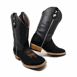 BOTA TEXANA EM COURO PRETO BORDADO FLORÃO SOLADO DE MADEIRA 
