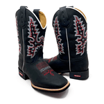 BOTA TEXANA EM COURO PRETO BORDADO BRANCO E VERMELHO 