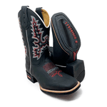BOTA TEXANA EM COURO PRETO BORDADO BRANCO E VERMELHO 