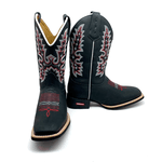 BOTA TEXANA EM COURO PRETO BORDADO BRANCO E VERMELHO 
