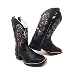BOTA TEXANA EM COURO PRETO BORDADO BRANCO E BEGE E FLORÃO PRETO