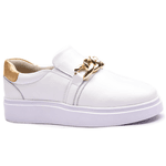 Tênis Slip On Feminino Casual Em Couro Legitimo - Branco/Ouro