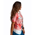 CAMISA FEMININA MANGA CURTA AGROPIL BRANCO/LARANJA GOLA PADRE Ô CAROL