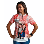 CAMISA FEMININA MANGA CURTA AGROPIL BRANCO/LARANJA GOLA PADRE Ô CAROL