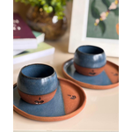 Kit Copo + Prato Redondo em Cerâmica Azul/Terracota