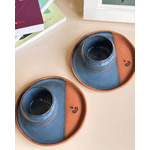 Kit Copo + Prato Redondo em Cerâmica Azul/Terracota