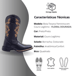 Bota Feminina Texana Floral Dourada