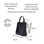 Bolsa Transversal , Mochila e Bolsa de Ombro 3 em 1 em Couro Legítimo - Preta