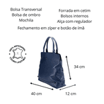 Bolsa Transversal , Mochila e Bolsa de Ombro 3 em 1 em Couro Legítimo - Azul Marinho