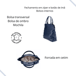 Bolsa Transversal , Mochila e Bolsa de Ombro 3 em 1 em Couro Legítimo - Azul Marinho