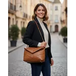 Bolsa Feminina Couro Legítimo Matelassê Bordada Alça Corrente - Caramelo