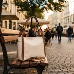 Maxi Bolsa Feminina em Couro Legítimo de Ombro , Tiracolo e Transversal com 2 bolsos - Off white e Caramelo