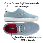Sapato Safári Sport em couro azul claro, solado em borracha e palmilha anatômica.