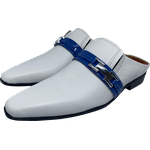 Babuche Masculino Italiano em Couro Social Executivo Blue Strip Bico Fino Ref: 1028 Branco Branco