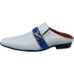 Babuche Masculino Italiano em Couro Social Executivo Blue Strip Bico Fino Ref: 1028 Branco Branco