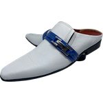 Babuche Masculino Italiano em Couro Social Executivo Blue Strip Bico Fino Ref: 1028 Branco Branco