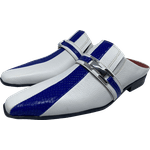 Babuche Masculino Italiano em Couro Social Executivo Blue Strip Bico Fino Ref: 1029 Branco Branco