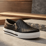 Tênis Slip On Zíper Iate Costura Frontal Calce Fácil Confortável Dk Shoes Preto