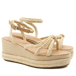 Sandália Feminina Anabela Com Tiras 170421 Cordão Nude e Bege