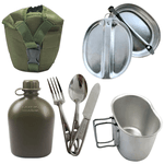 Kit completo Cantil com Porta-Cantil Verde, Caneco de Alumínio, Marmita Militar e Talher Inox