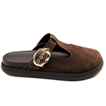 Clog Sabot Marrom Camurça Rasteira Fivela Flor da Pele 008