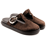 Clog Sabot Marrom Camurça Rasteira Fivela Flor da Pele 008