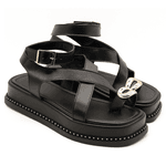 Sandália Flatform Feminina Papete Flor da Pele Tiras Fivela 23403 Floter Preto