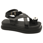 Sandália Flatform Feminina Papete Flor da Pele Tiras Fivela 23403 Floter Preto