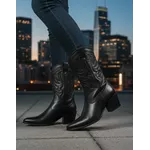 Bota Feminina Western Couro Legítimo Preto Salto Bloco Texana 8805 