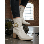 Bota Feminina Western Couro Legítimo Off-White Salto Bloco 8808