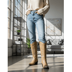Bota Longa Feminina Western Couro Legítimo Avelã Salto Bloco Texana 8810