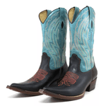 Bota Texana Masculina Couro Floater Preto e Fossil Azul Turqueza