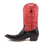Bota Texana Masculina Couro Anaconda Verniz Preto e Fossil Vermelho