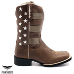 BOTA TEXANA BICO QUADRADO BORDADA BANDEIRA ENVELHECIDA FRANCA BOOTS