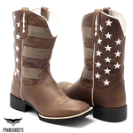 BOTA TEXANA BICO QUADRADO BORDADA BANDEIRA ENVELHECIDA FRANCA BOOTS