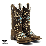 BOTA TEXANA FRANCA BOOTS EM COURO LEGÍTIMO BORDADO LÍRIO AZUL SOLADO CAFÉ- FRANCA BOOTS