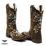 BOTA TEXANA FRANCA BOOTS EM COURO LEGÍTIMO BORDADO LÍRIO AZUL SOLADO CAFÉ- FRANCA BOOTS