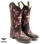 BOTA TEXANA HOPPER FEMININA FRANCA BOOTS BORDADA CRUZ SOLA CAFE