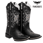 BOTA TEXANA HOPPER FEMININA FRANCA BOOTS BICO QUADRADO PRETA CRUZ