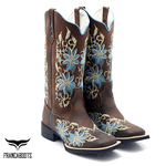 BOTA TEXANA HOPPER FEMININA FRANCA BOOTS BICO QUADRADO FLORAL AZUL