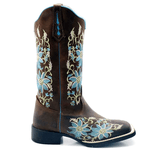 BOTA TEXANA HOPPER FEMININA FRANCA BOOTS BICO QUADRADO FLORAL AZUL