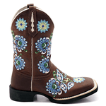 BOTA TEXANA FEMININA FRANCA BOOTS BICO QUADRADO BORDADO AZUL