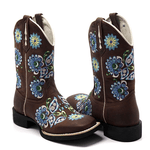 BOTA TEXANA FEMININA FRANCA BOOTS BICO QUADRADO BORDADO AZUL