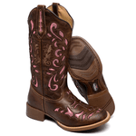 BOTA TEXANA FRANCA BOOTS FEMININA COM RECORTES A LASER CRUZ ROSA FB2224 BICO REDONDO