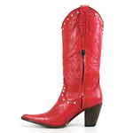 BOTA TEXANA FEMININA COURO CRUSH VERMELHO COM STRASS